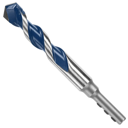An isolated product studio shot of a short, ultra-thick diameter heavy-duty Bosch masonry drill bit positioned diagonally against a solid white background, highlighting its stubby body with wide spiral U-flutes finished with a blue coating, a massive multi-grind carbide head, and a rugged cylindrical PowerGrip shank base with distinct flatted anchoring grooves.