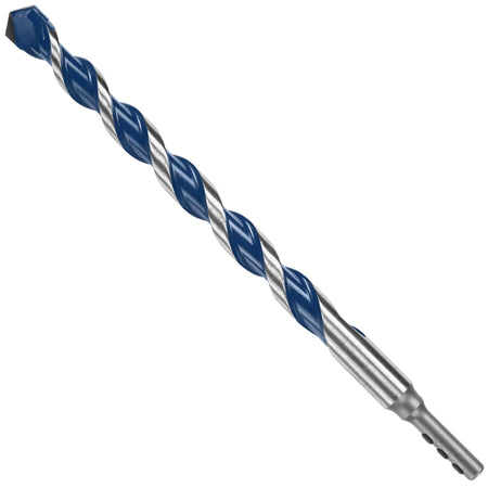 An isolated product studio view of a mid-length, thick-gauge Bosch Blue Xtreme masonry drill bit arranged diagonally against a plain white background, detailing its heavy structural body with blue-finished spiral flutes, a high-strength carbide centering point, and a specialized cylindrical PowerGrip shank base featuring multi-flatted indents for a secure chuck connection.