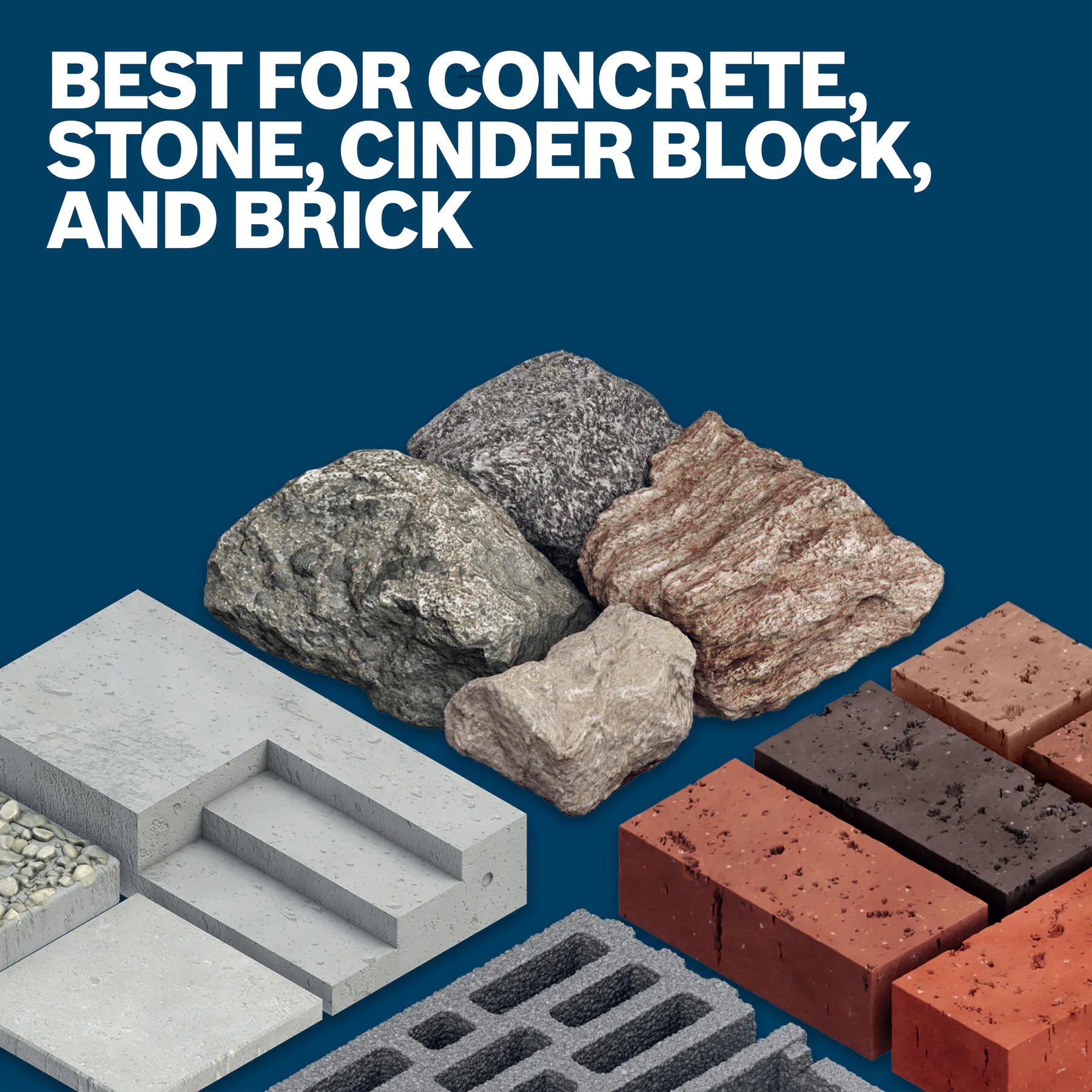 A material compatibility graphic overview featured on a deep blue background with a white header reading BEST FOR CONCRETE, STONE, CINDER BLOCK, AND BRICK, showcasing realistic 3D rendered models of layered concrete steps, porous cinder block segments, rugged natural fieldstone chunks, and stacked clay bricks.