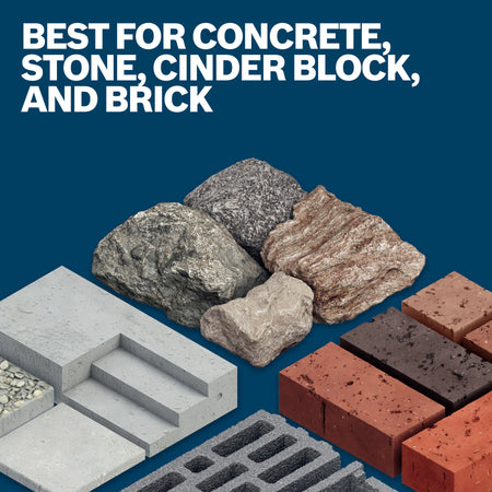 A material compatibility graphic overview featured on a deep blue background with a white header reading BEST FOR CONCRETE, STONE, CINDER BLOCK, AND BRICK, showcasing realistic 3D rendered models of layered concrete steps, porous cinder block segments, rugged natural fieldstone chunks, and stacked clay bricks.