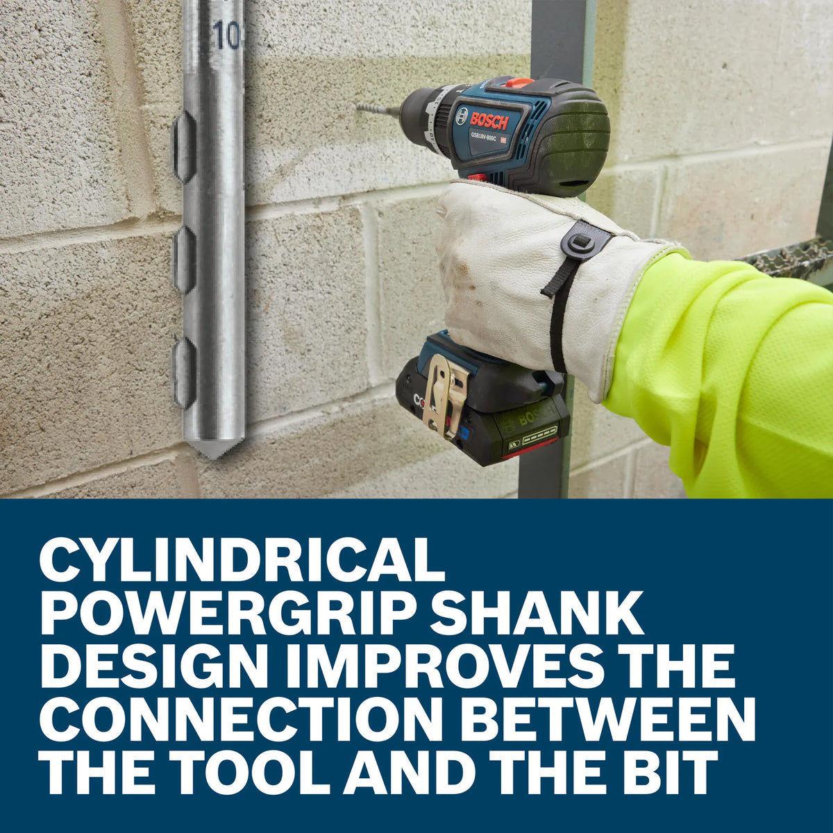 A application graphic showing a construction tradesman in a high-visibility green jacket using a cordless Bosch hammer drill to pierce a stacked cinder block wall, with a magnified overlay diagram highlighting the multi-flatted profile of the cylindrical PowerGrip shank below white text reading CYLINDRICAL POWERGRIP SHANK DESIGN IMPROVES THE CONNECTION BETWEEN THE TOOL AND THE BIT.
