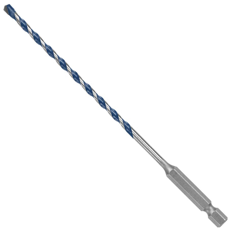 An isolated product studio shot of a long, narrow Bosch Blue Xtreme masonry drill bit positioned diagonally against a white background, highlighting its solid 1/4-inch hex shank base, extended slim steel body shaft, deep spiral U-flutes finished with a signature blue coating, and a sharp carbide cutting tip.