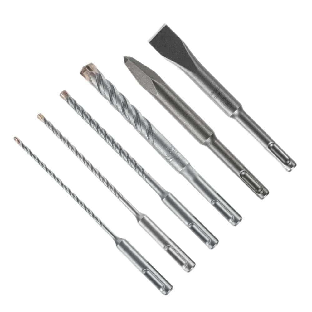 Studio view of the six-piece Bulldog bit set arranged diagonally, featuring four SDS-plus rotary hammer drill bits of increasing length and two chisels, one pointed and one flat.