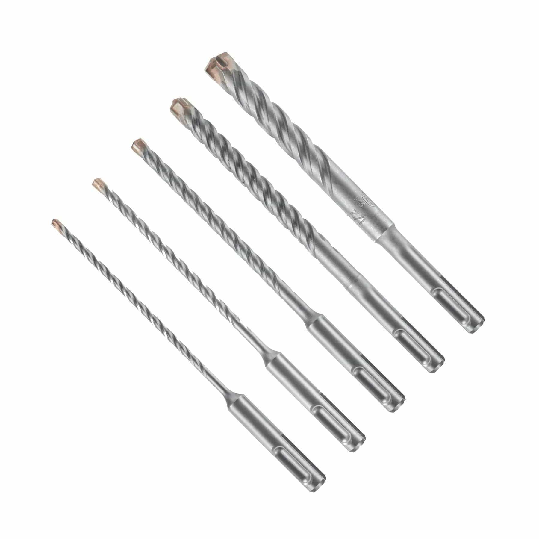Studio view of the Bosch 5-piece rotary hammer drill bit set arranged diagonally by size, showing the alloy steel flutes and carbide tips.