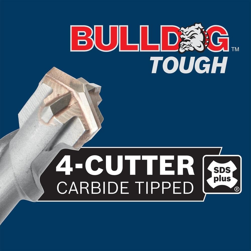 Close-up detail view of the 4-cutter carbide tipped head with the Bulldog Tough logo and SDS-plus icon in the background.