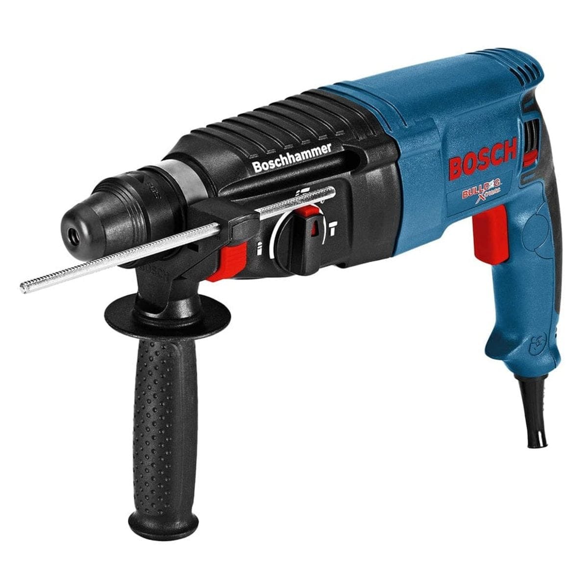 Angled studio view of the blue and black corded rotary hammer drill with the auxiliary handle and depth gauge attached.