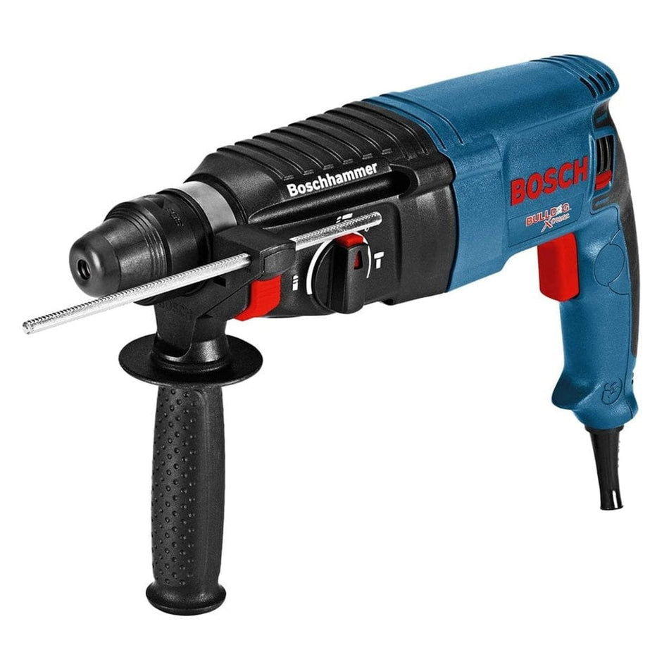 Angled studio view of the blue and black corded rotary hammer drill with the auxiliary handle and depth gauge attached.