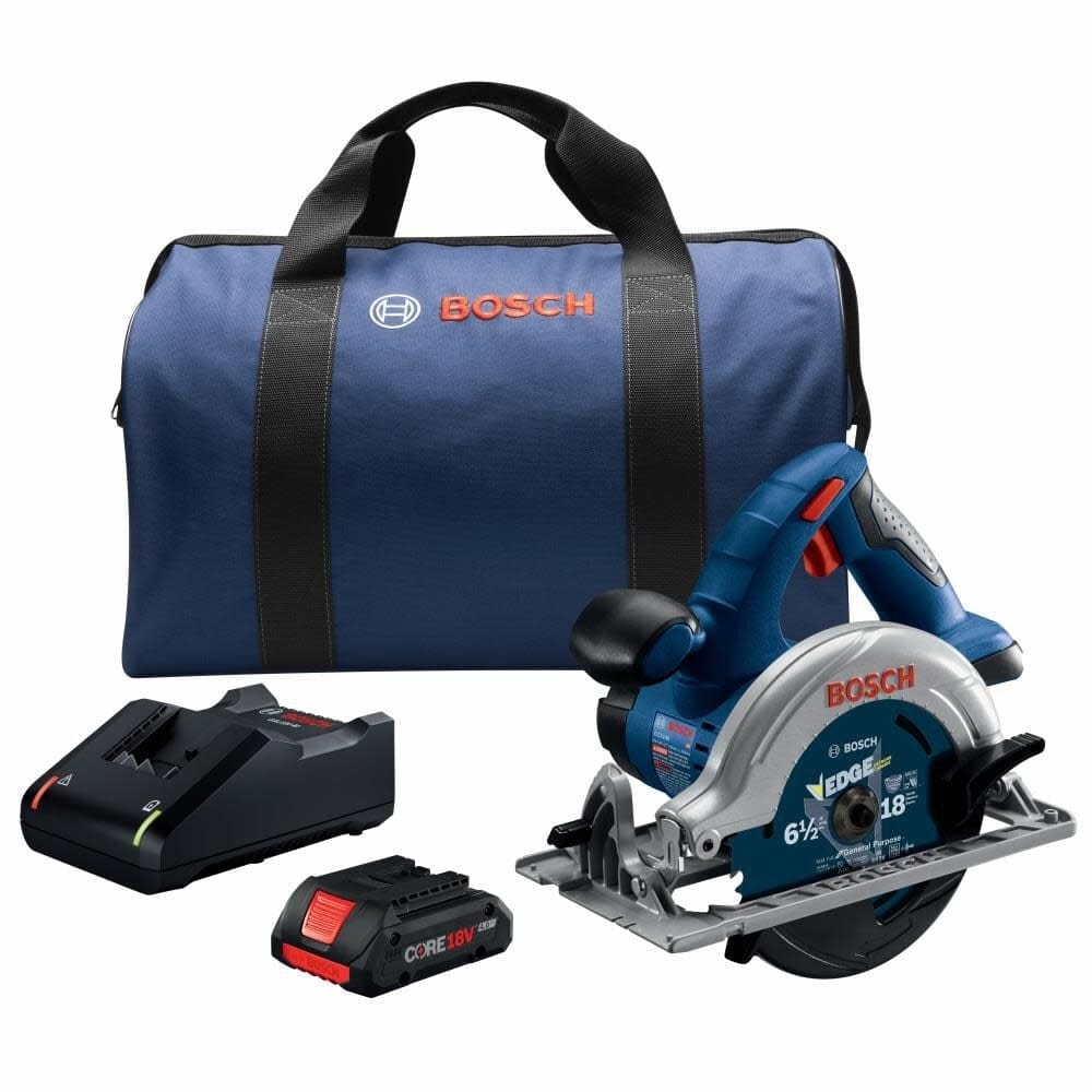 Bosch circular saw kit including saw, CORE18V battery, charger, and branded carrying bag displayed on flat surface