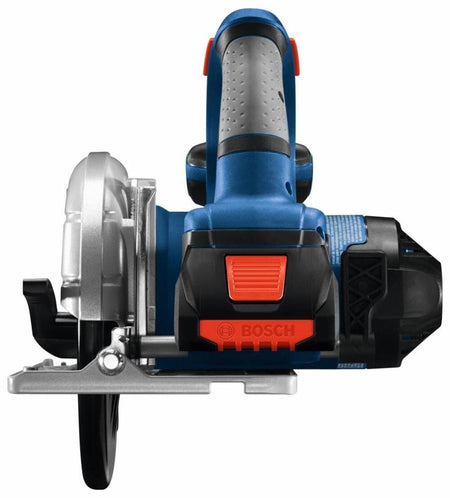 Bosch cordless circular saw with ergonomic grip and red trigger; blade partially visible under metallic guard.
