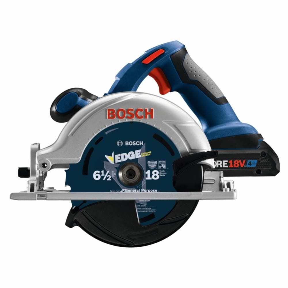 Bosch cordless circular saw with 6-1/2 inch EDGE blade and visible 18V battery; compact design for general-purpose cutting.