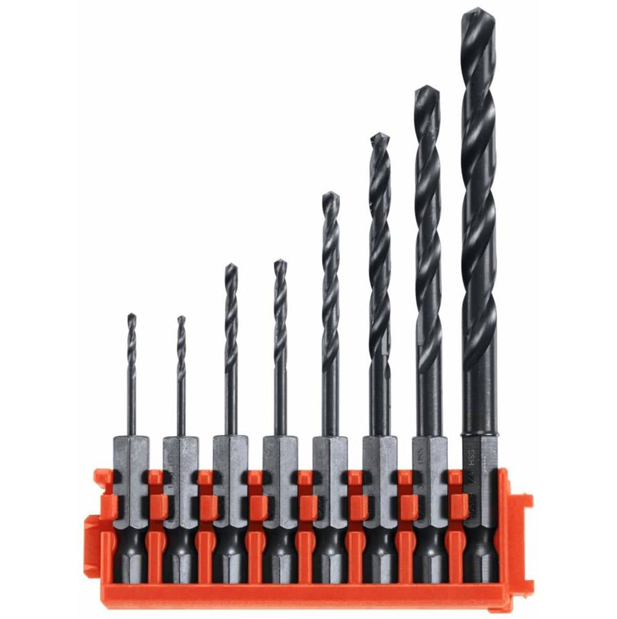 Product studio shot from a direct front view of the Bosch CCSDV08 8-Piece Impact Tough Black Oxide Drill Bit Set arranged by height inside a bright orange plastic storage clip module against a white background, highlighting the black twist flute designs and the integrated quarter-inch quick-change hex shanks on all eight bits.