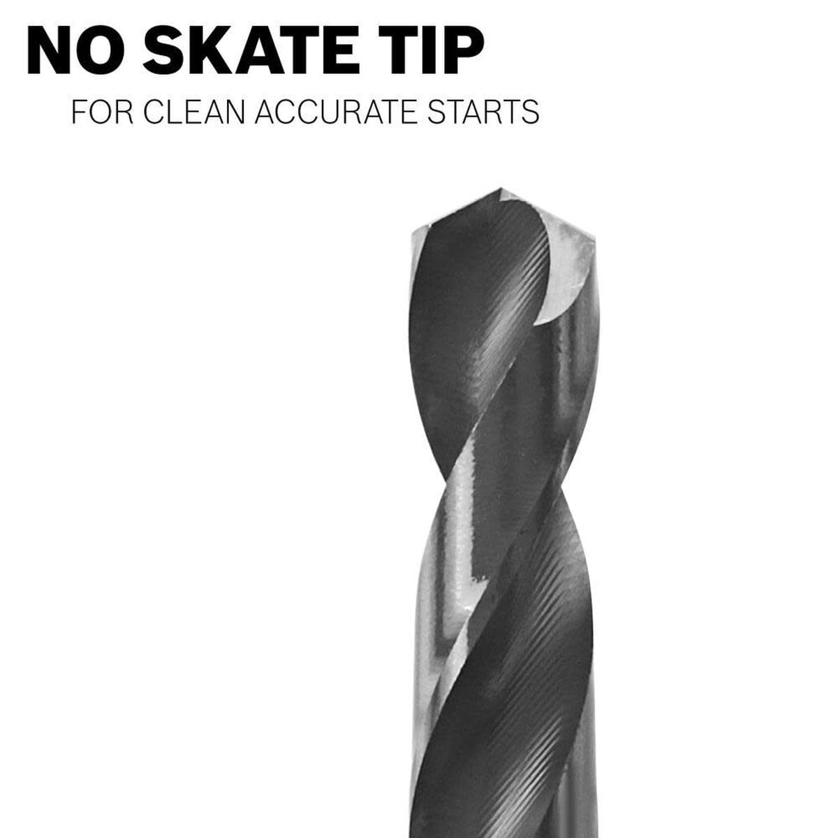 A macro studio close-up graphic of the high-performance split point on a Bosch black oxide drill bit against a white backdrop, accompanied by upper black text stating NO SKATE TIP FOR CLEAN ACCURATE STARTS to highlight its center-drilling layout properties.