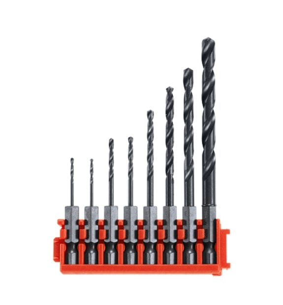 Set of eight Bosch Impact Tough black oxide drill bits in ascending size order, held in red plastic clip for custom case system.