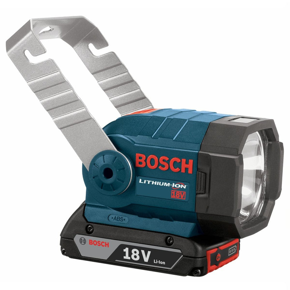 Bosch CFL180 18V cordless halogen flashlight with a 360-degree swivel handle mounted on a lithium-ion battery pack, showcasing its compact blue and black design.
