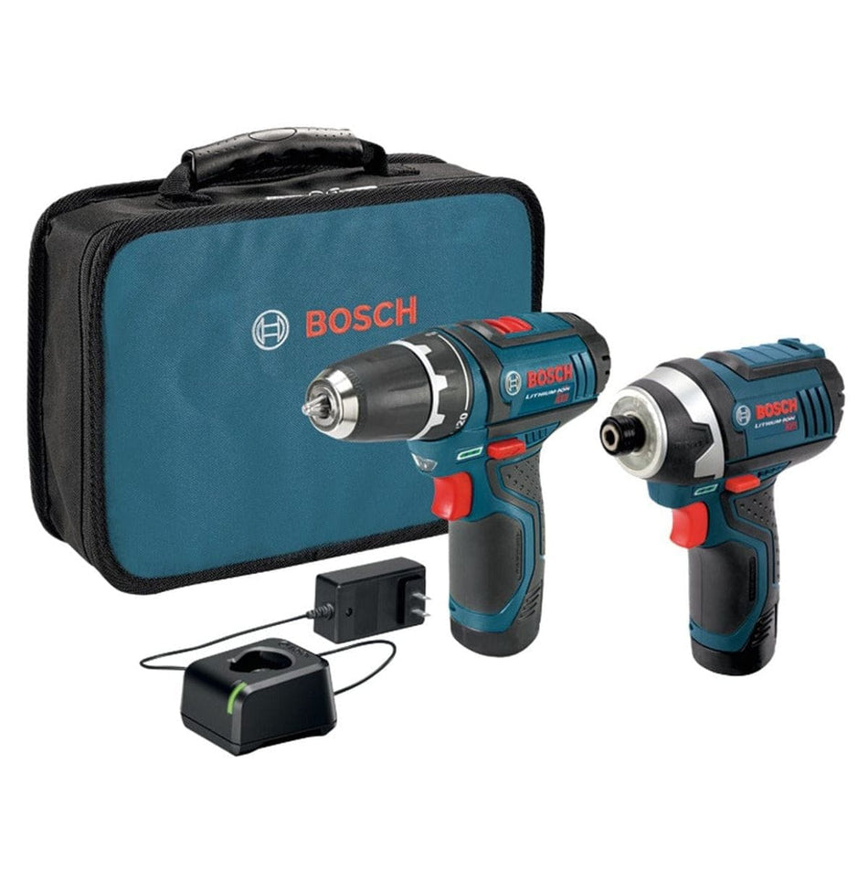 Studio shot of the Bosch 12V Max 2-tool combo kit featuring the blue soft carrying case, PS31 drill driver, PS41 impact driver, and charger.
