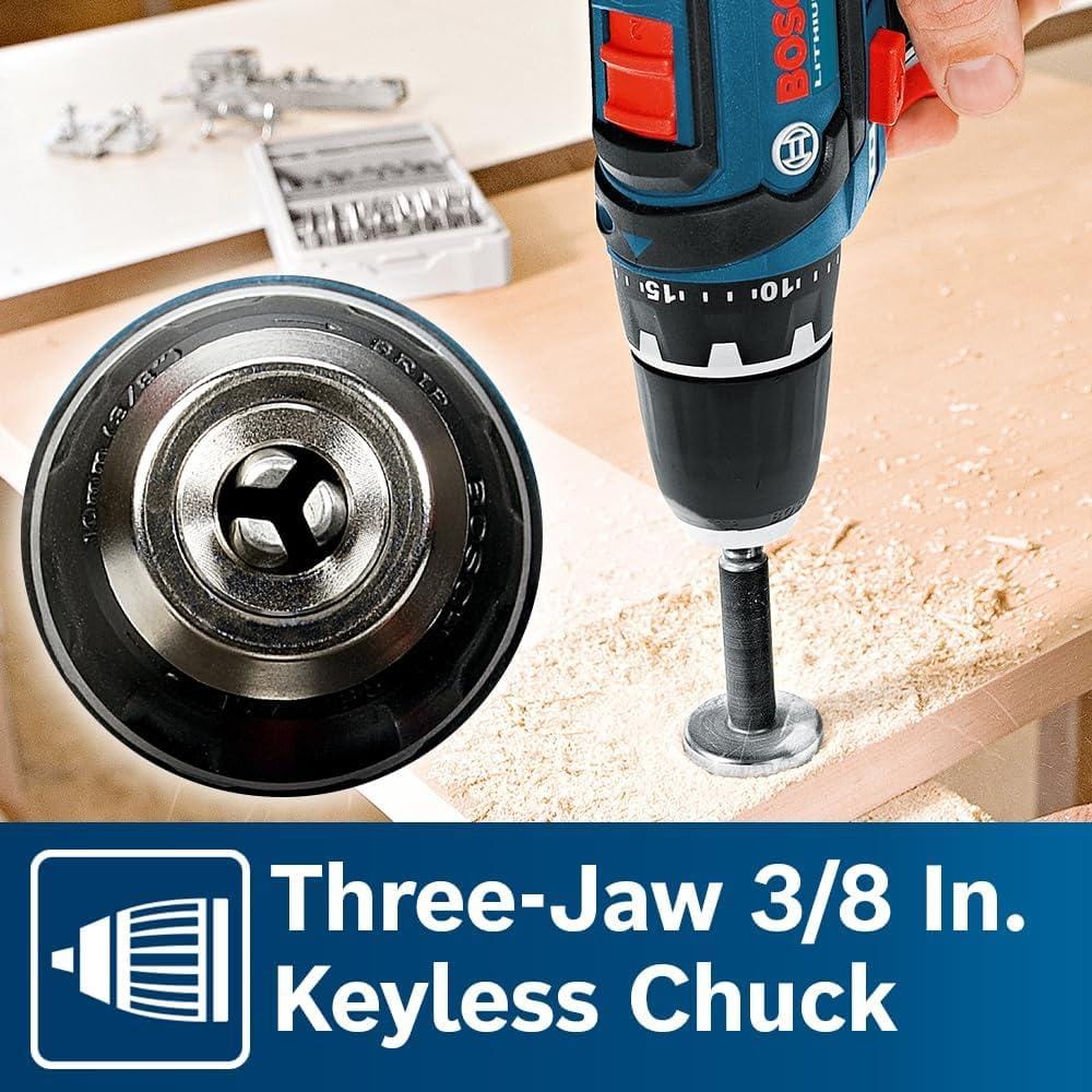 Close-up view of the drill's front end with an inset circle displaying the face of the three-jaw 3/8 inch keyless chuck.