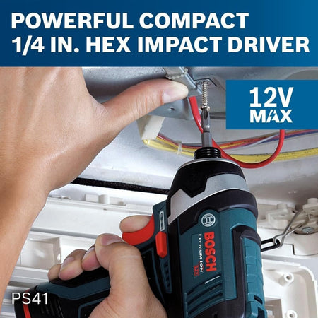 A technician using the compact PS41 impact driver to drive a screw overhead into a metal HVAC unit.