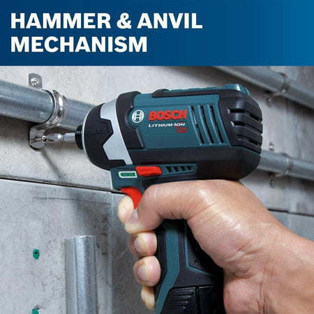 Side view of a hand using the PS41 impact driver to secure a metal pipe clamp to a concrete wall.