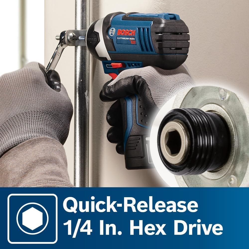 Close-up of gloved hands using the impact driver, featuring an inset circle highlighting the quick-release 1/4 inch hex drive.