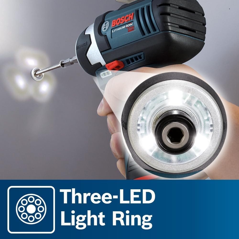 A view of the front of the impact driver showing the three-LED light ring illuminating a screw, with an inset close-up of the lights.