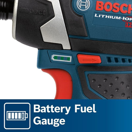 Detail shot of the side of the tool showing the battery fuel gauge with three green indicator bars.