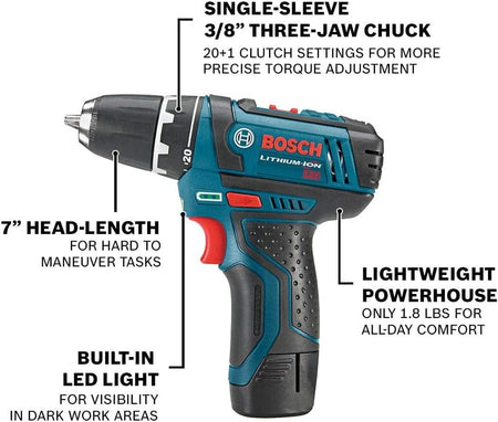Side view graphic of the PS31 drill driver detailing features such as the 7-inch head length, built-in LED light, and 1.8-pound lightweight design.