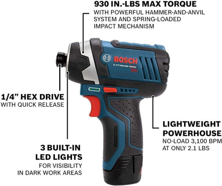 Side view graphic of the PS41 impact driver detailing the 1/4 inch hex drive, three built-in LED lights, and max torque of 930 inch-pounds.