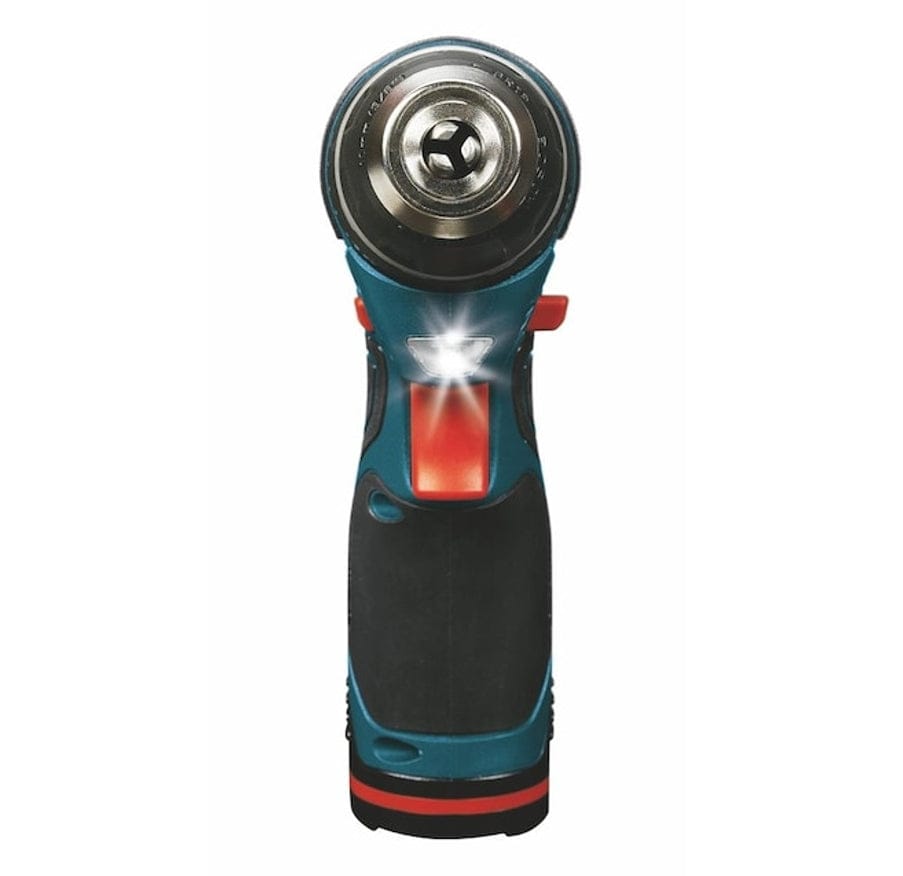 Front-facing view of the Bosch tool focusing on the integrated LED light located just below the chuck to illuminate the work area.