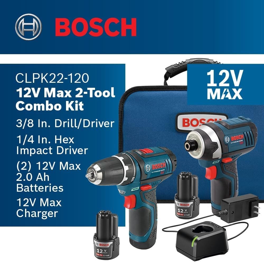 Promotional image for the CLPK22-120 kit listing the contents: drill/driver, hex impact driver, two 2.0 Ah batteries, and charger.