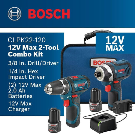 Promotional image for the CLPK22-120 kit listing the contents: drill/driver, hex impact driver, two 2.0 Ah batteries, and charger.