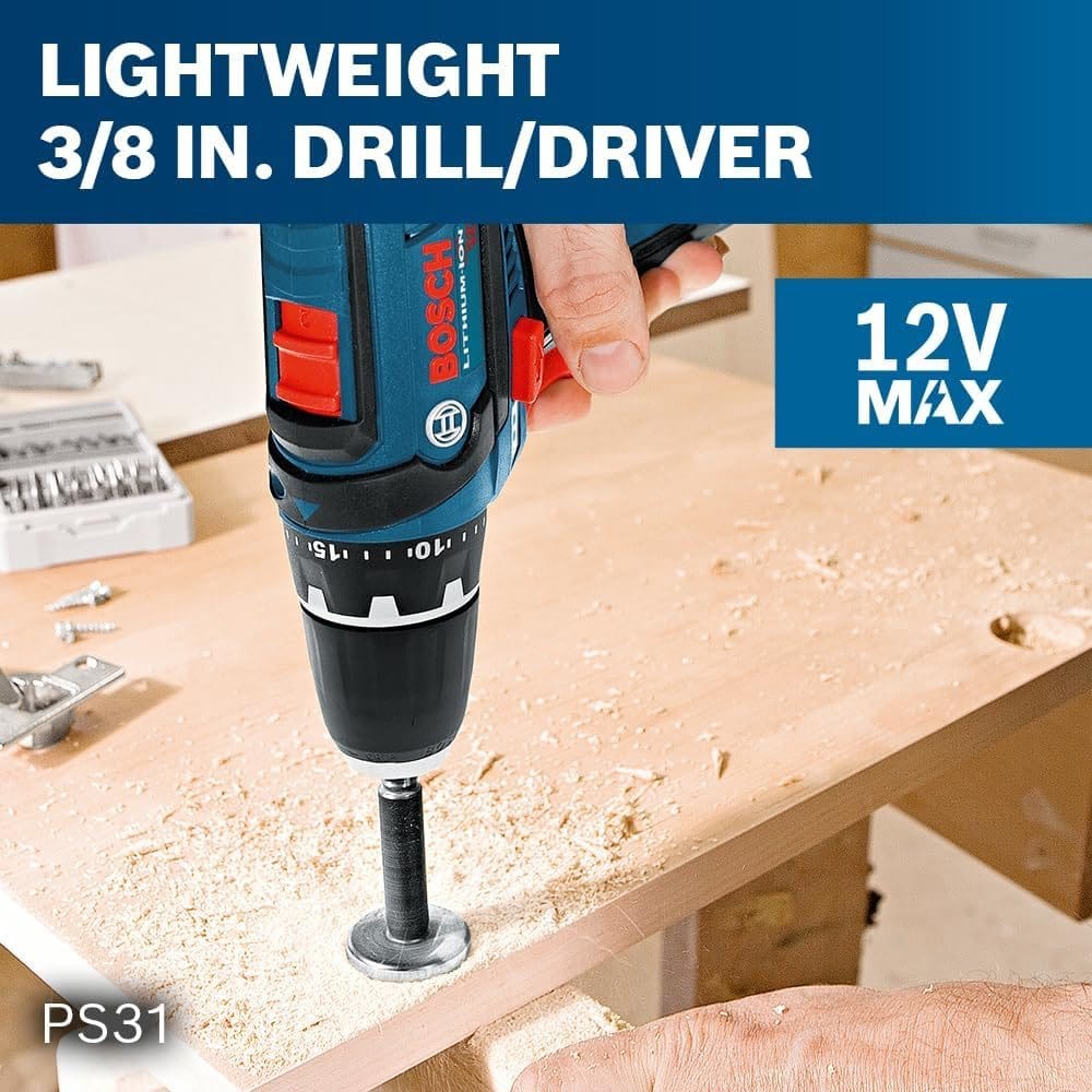 Action shot of a hand using the lightweight PS31 drill driver to drive a fastener into a wooden surface.