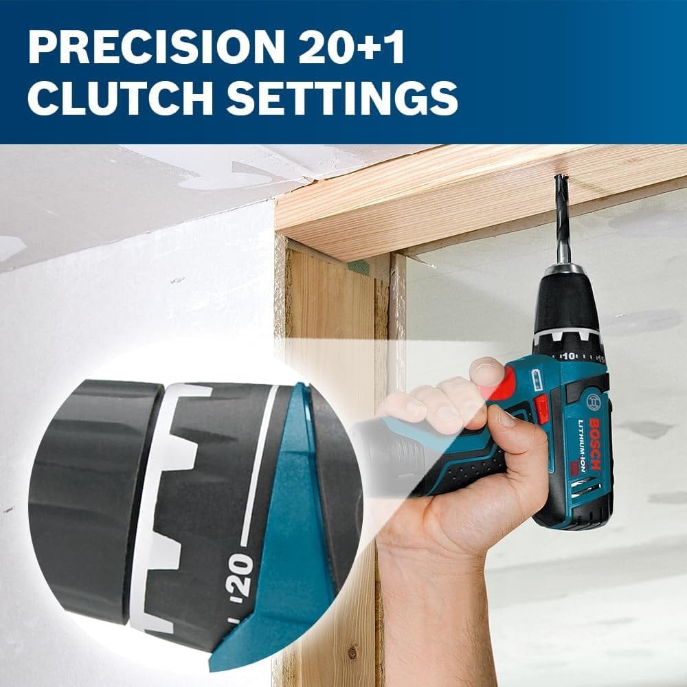 A user performing an overhead drilling task with the drill, featuring an inset close-up of the 20+1 clutch setting ring.