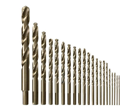 A studio photograph displaying the full 21-piece assortment of gold-colored cobalt M42 twist drill bits, arranged by size from largest to smallest to show the variety of diameters.