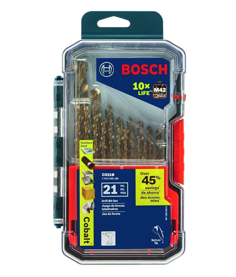 A studio photograph of the Bosch CO21B 21-piece cobalt drill bit set in its original retail packaging, featuring a clear-faced plastic case that shows the assorted bits and 10X life branding.