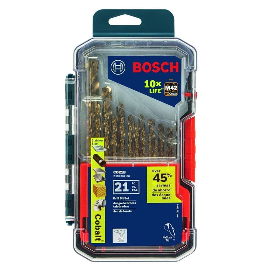 A studio photograph of the Bosch CO21B 21-piece cobalt drill bit set in its original retail packaging, featuring a clear-faced plastic case that shows the assorted bits and 10X life branding.