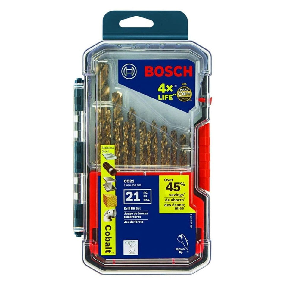 Bosch CO21 21-piece cobalt drill bit set in a clear plastic case with labeled packaging highlighting features like "Hard Core Cobalt," "4x Life," and "No Skate Tip," suitable for stainless steel and other metals.