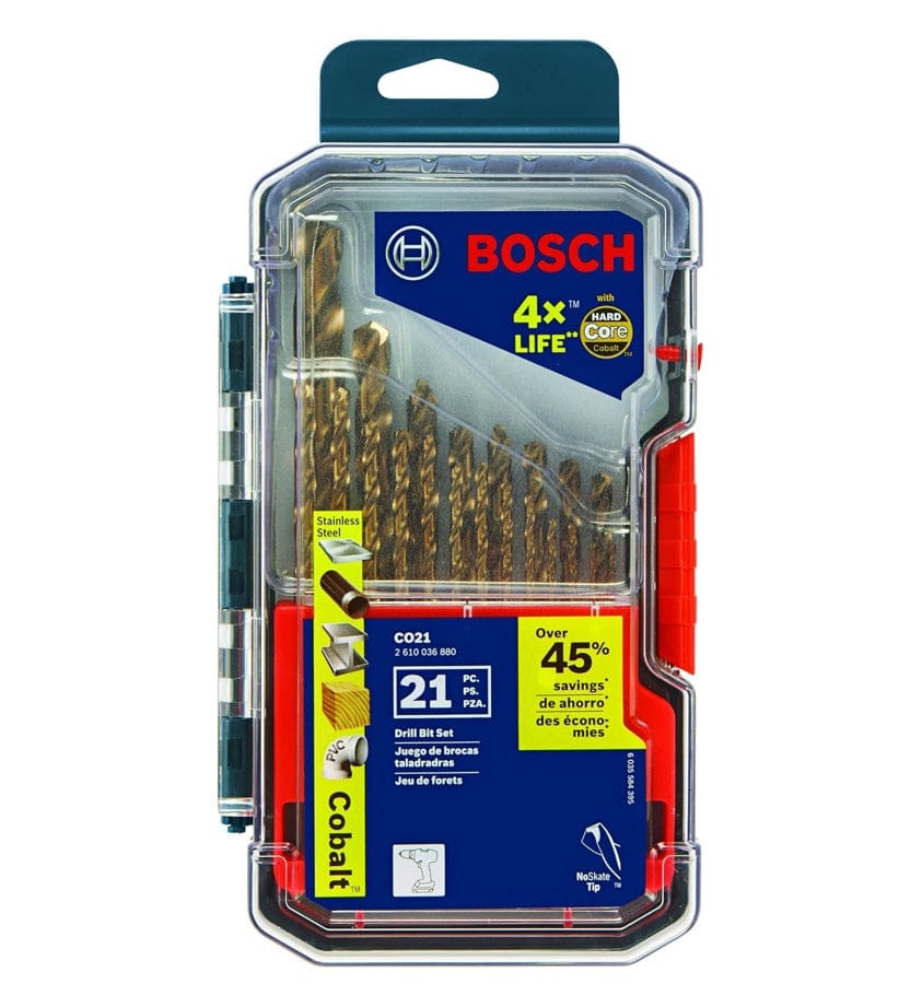 Bosch CO21 21-piece cobalt drill bit set in a clear plastic case with labeled packaging highlighting features like "Hard Core Cobalt," "4x Life," and "No Skate Tip," suitable for stainless steel and other metals.