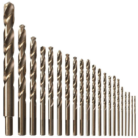 Close-up of twist drill bits arranged by size, showcasing the helical flute design and cylindrical shanks used for drilling in metal, wood, and plastic.