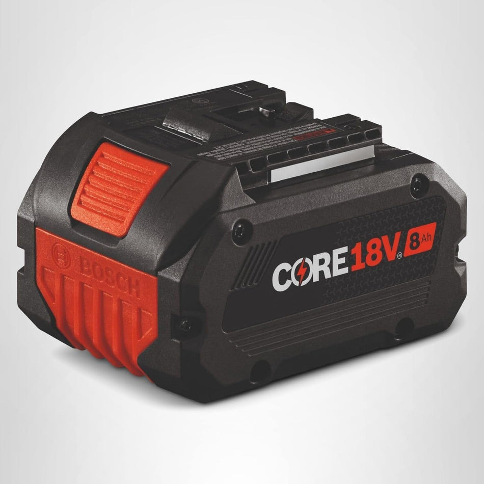 A studio shot of the black Bosch CORE18V 8Ah high power battery pack featuring the large red release button and side branding.