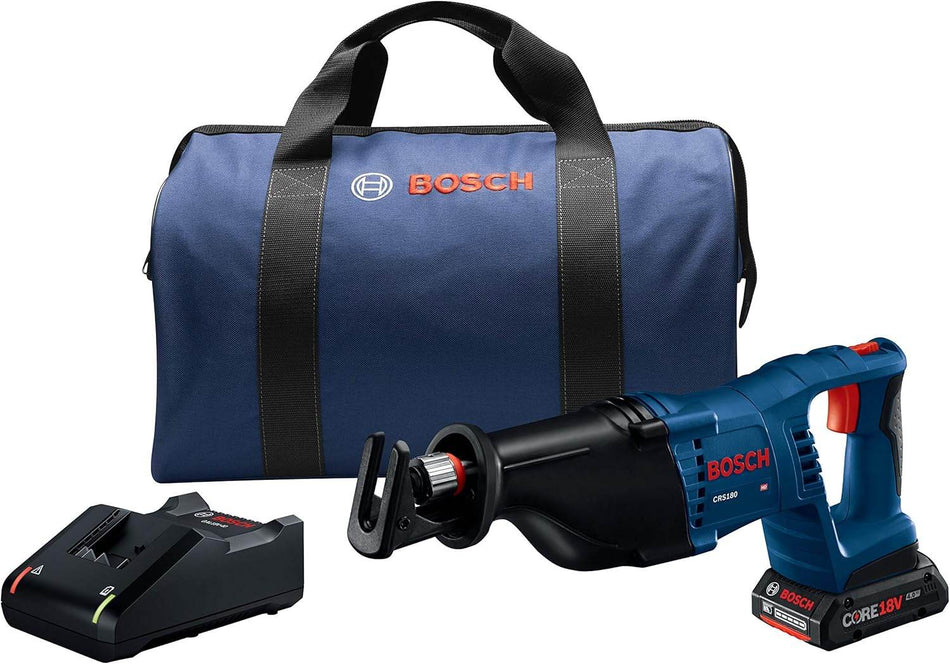 A studio shot of the Bosch 18V D-handle reciprocating saw kit, featuring the handheld tool with an attached CORE18V 4.0 Ah battery, a standalone battery charger, and a large blue zippered carrying bag with the Bosch logo.