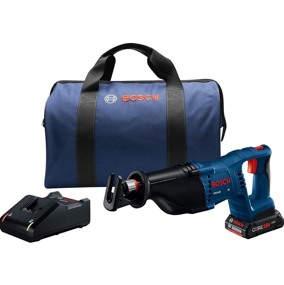 A studio shot of the Bosch 18V D-handle reciprocating saw kit, featuring the handheld tool with an attached CORE18V 4.0 Ah battery, a standalone battery charger, and a large blue zippered carrying bag with the Bosch logo.