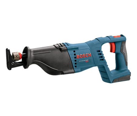 A studio shot of the blue and black Bosch 18V cordless reciprocating saw bare tool, featuring a D-handle design and Lockjaw blade holder.