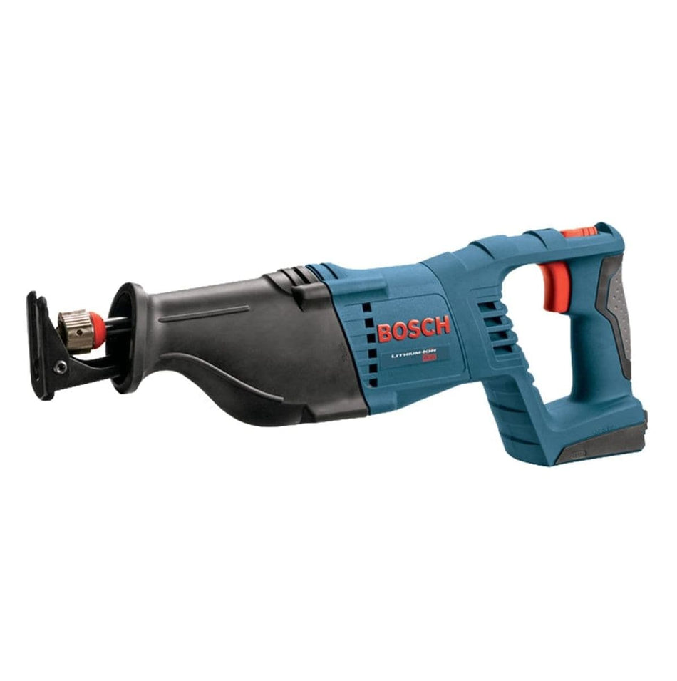 A studio shot of the blue and black Bosch 18V cordless reciprocating saw bare tool, featuring a D-handle design and Lockjaw blade holder.
