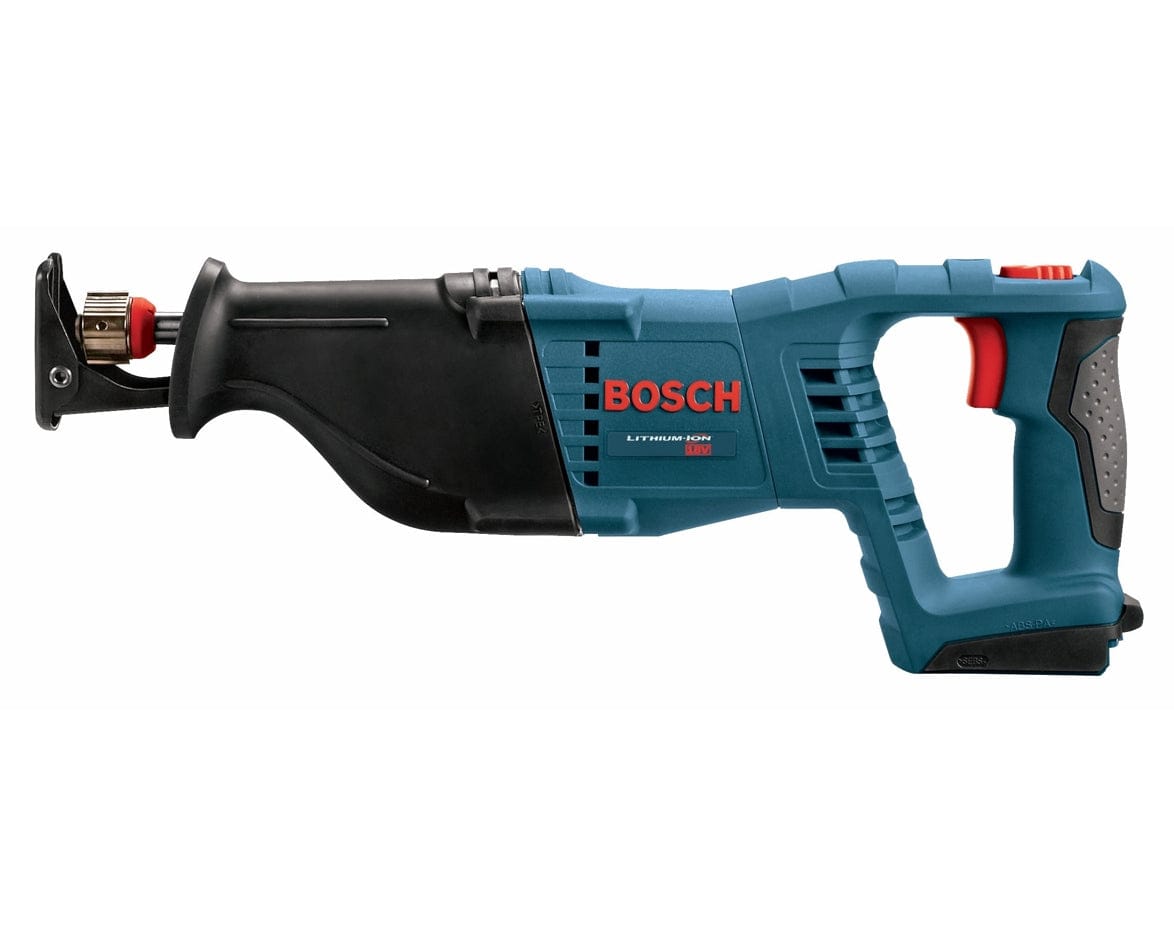 A side profile view of the Bosch CRS180B reciprocating saw, showing the rubberized grip, side vents, and battery slot.