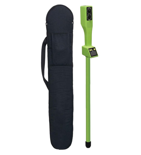 A studio product shot featuring the lime green CST Berger 19-557 Magna-Trak 102 magnetic locator standing vertically next to its long, black soft padded carrying case.
