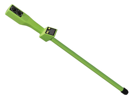 An angled perspective of the lime green Magna-Trak 102 series magnetic locator, highlighting the ergonomic handle and the digital LCD display interface mounted on the shaft.