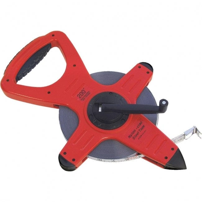 A red and black open reel measuring tape featuring a large ergonomic handle, a central winding crank, and a white steel tape extending outwards with a metal end hook.