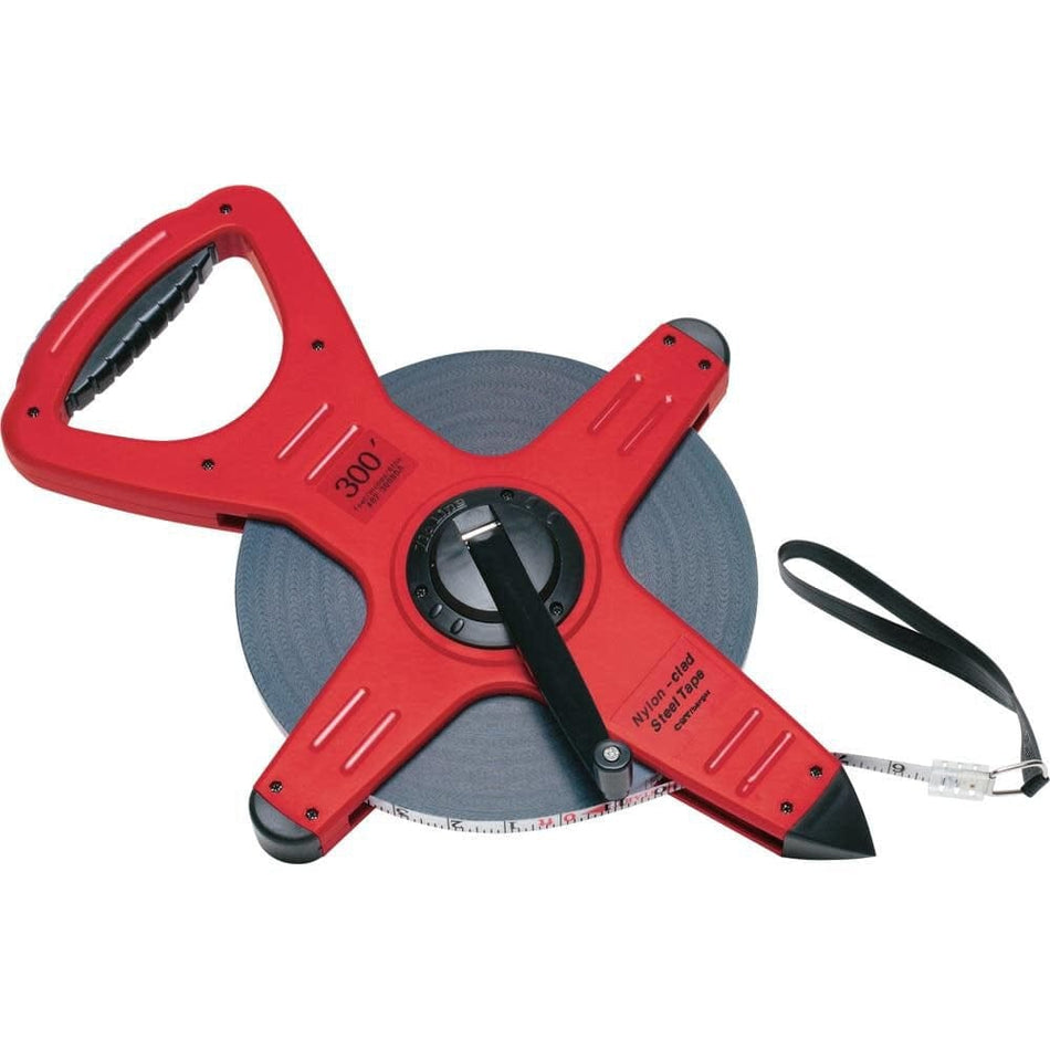 A red open-reel measuring tape with a black handle grip and winding crank, displaying "300 feet" and "Nylon-clad Steel Tape" on the side, with the tape extending to show a loop end hook.