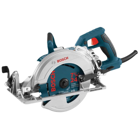 A studio product shot from a three-quarter angle of the Bosch CSW41 15-Amp 7-1/4 Inch Worm Drive Corded Circular Saw against a white background, highlighting its lightweight magnesium base plate, left-side blade configuration, anti-snag lower guard, and a textured blue main grip handle with a red trigger switch.