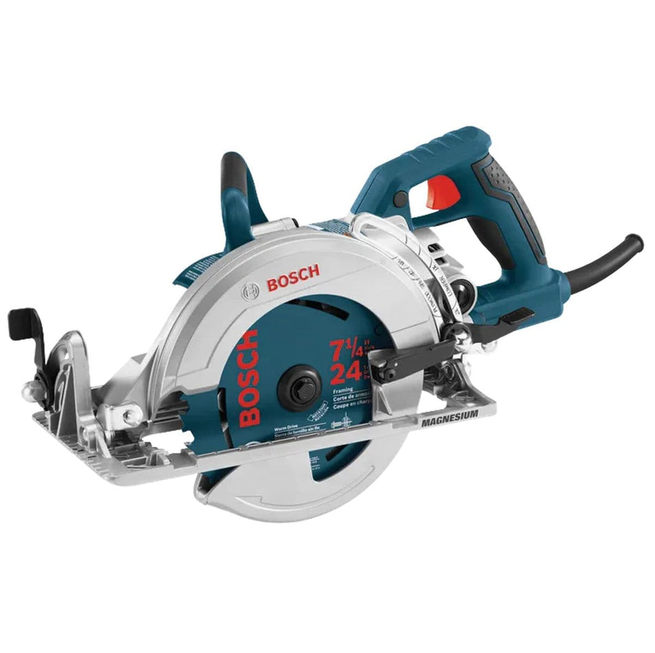 A studio product shot from a three-quarter angle of the Bosch CSW41 15-Amp 7-1/4 Inch Worm Drive Corded Circular Saw against a white background, highlighting its lightweight magnesium base plate, left-side blade configuration, anti-snag lower guard, and a textured blue main grip handle with a red trigger switch.